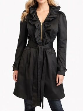 Orraboutique Black Ruffle Trench Coat XS Belted Fit Flare Zip Jacket